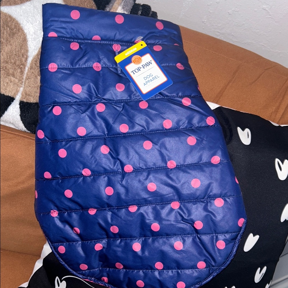 Top Paw Navy Dog Coat with Pink Dots